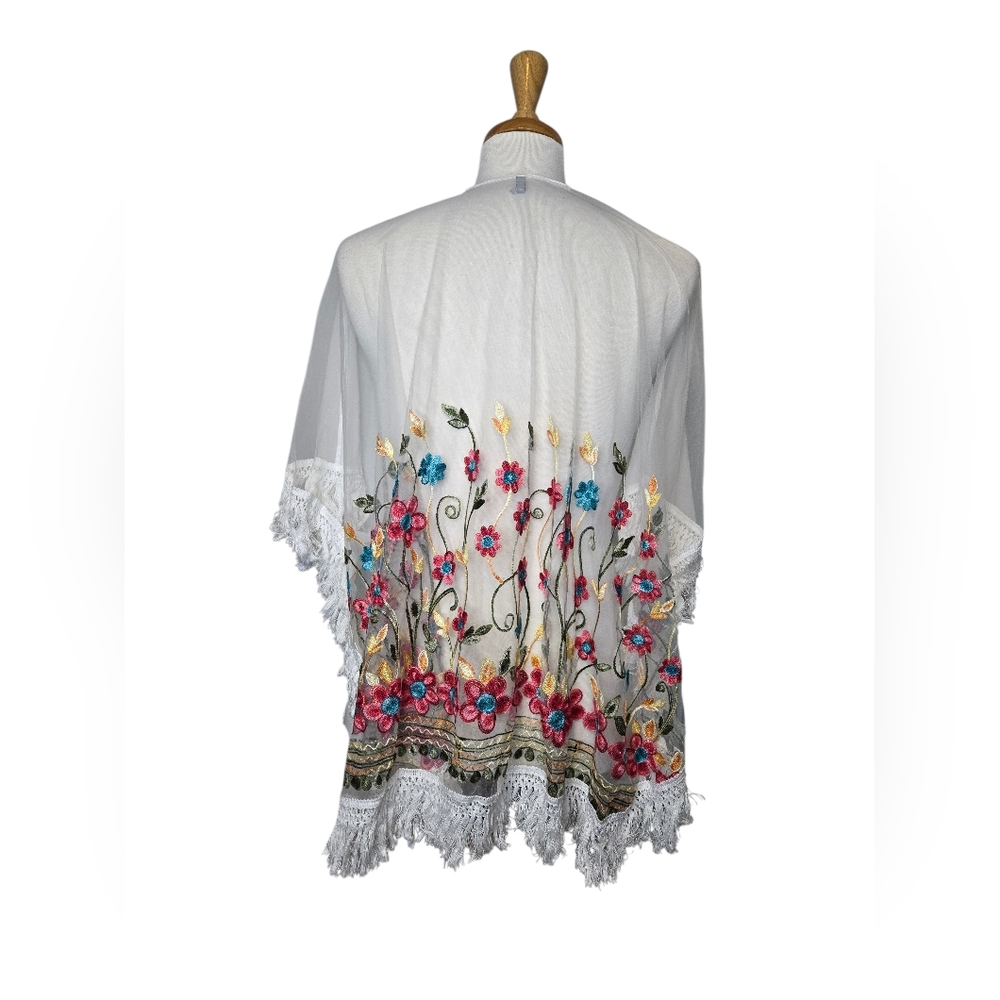 Embroidered Floral Sheer Shawl Wrap‎ Fringe Boho Festival Kimono One Size